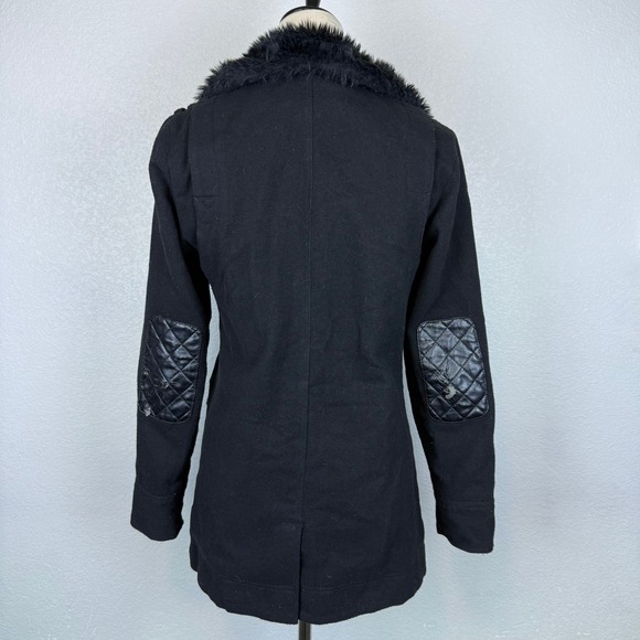 Y2K Hurley Black Faux Fur Trimmed Jacket Coat Faux Leather Patches Women's Small - Picture 5 of 11